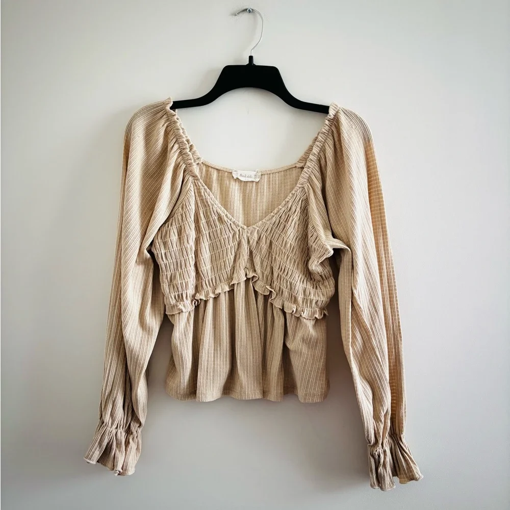 Altar'd State Top Smocked Beige Long Sleeve Blouse Women L Boho Cottagecore USA